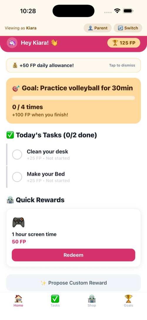 FocusChamps kid home screen showing a goal, daily tasks and quick rewards