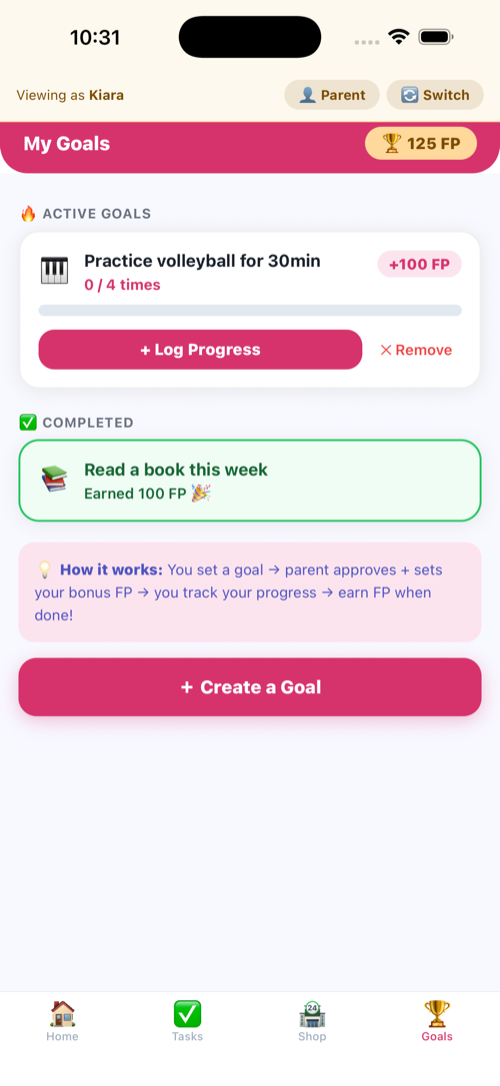 My Goals screen with an active goal and a completed goal that earned points
