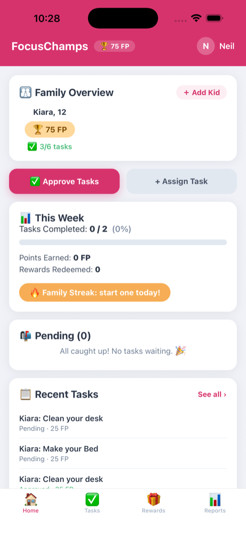 Parent dashboard showing the family overview and tasks to approve