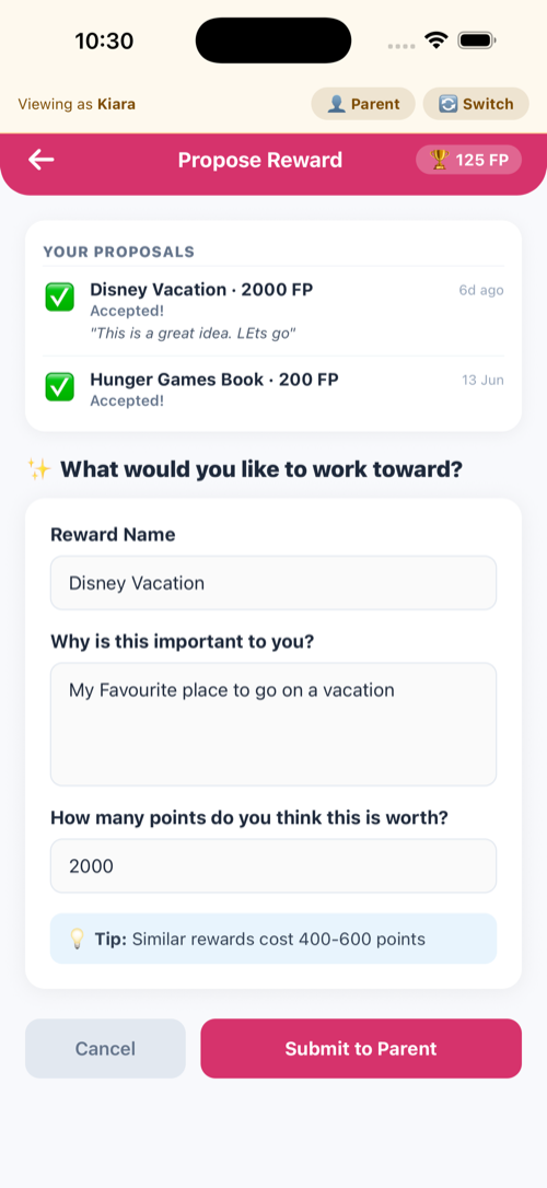 Kid proposing a reward and choosing how many points it's worth